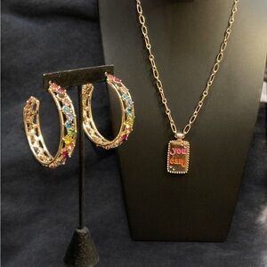 Gold Multicolor Hoop Earrings and Necklace Set